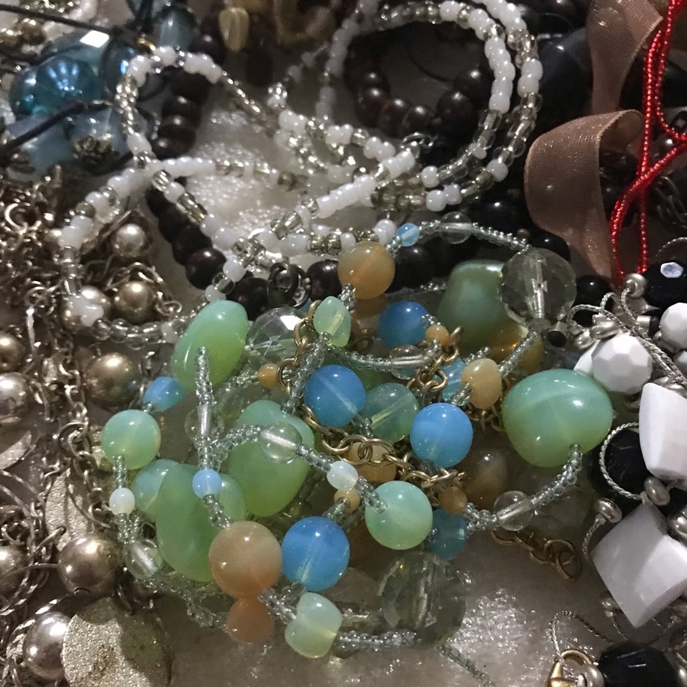 Beaded Multi-Color Glass Necklace- Green & Blue